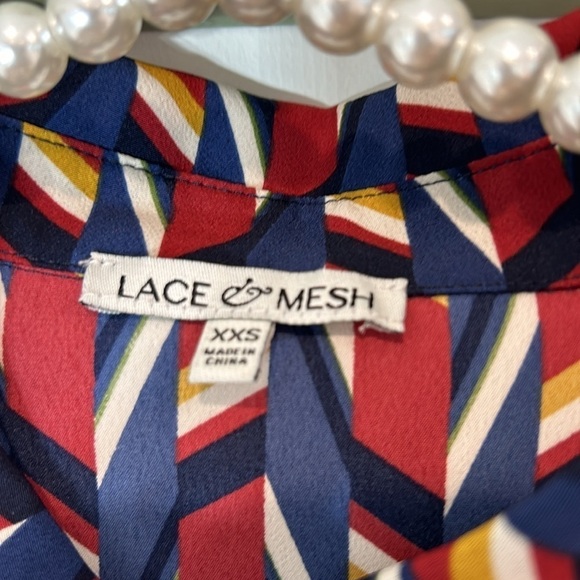 Lace & mesh/ModCloth long sleeve faux wrap mini dress retro geometric print mini - Picture 6 of 13